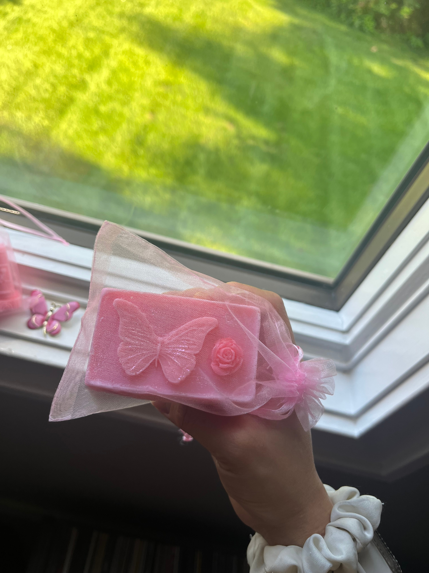 Pink Floral Garden Gift Soap — a blush pink butterfly bar in a soft organza pouch