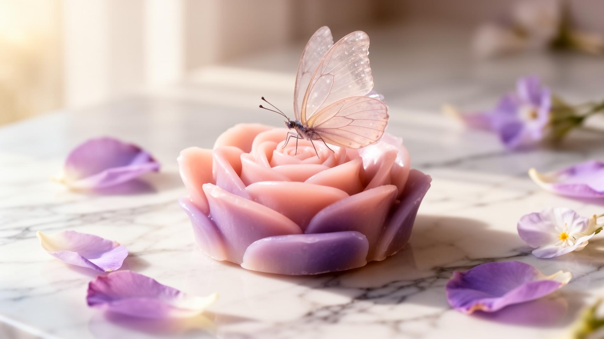 A translucent butterfly resting on a handcrafted pink and lavender rose-shaped soap